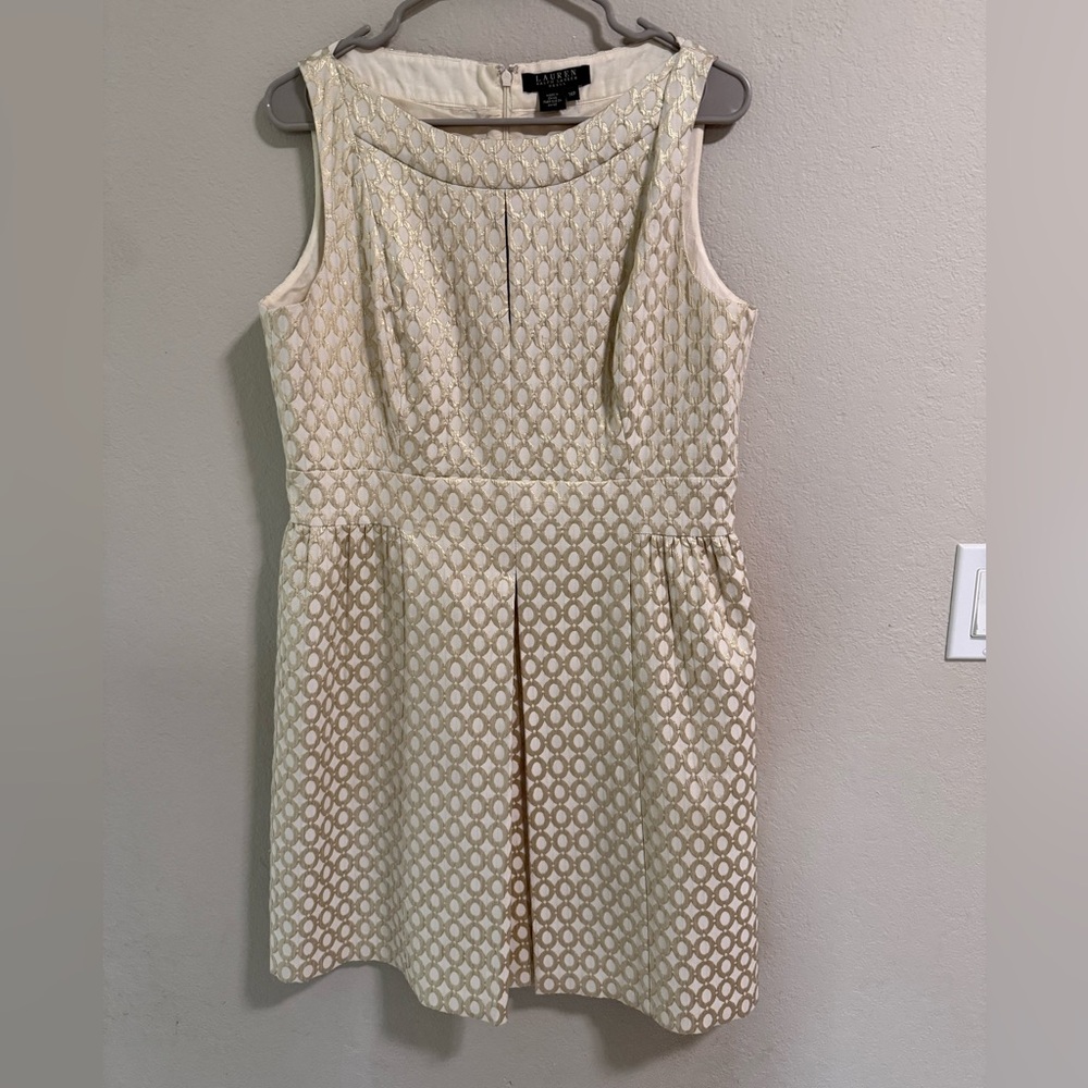Lauren Ralph Lauren Ivory Gold Jacquard Fit & Flare Dress Size 14P